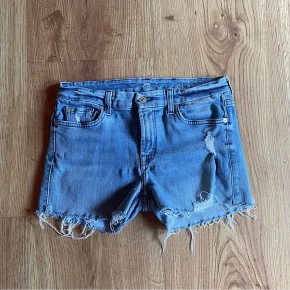7 For All Man Kind Distressed Blue Denim Shorts - Picture 2 of 8